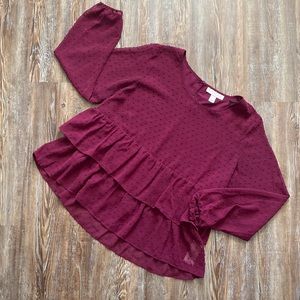 Emaline Petite Swiss Dot Long Sleeve Tiered Burgundy Maroon Blouse